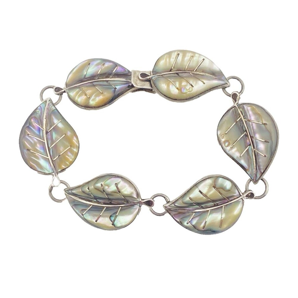 Vintage Mother of Pearl Leaf Link Sterling Silver Bracelet Hidden Hook 6.75"